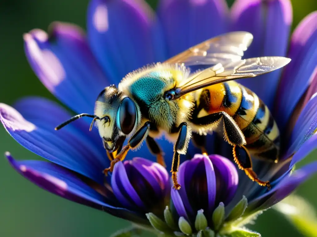 Una abeja solitaria cubierta de polen, con alas delicadas, sobre una flor morada vibrante