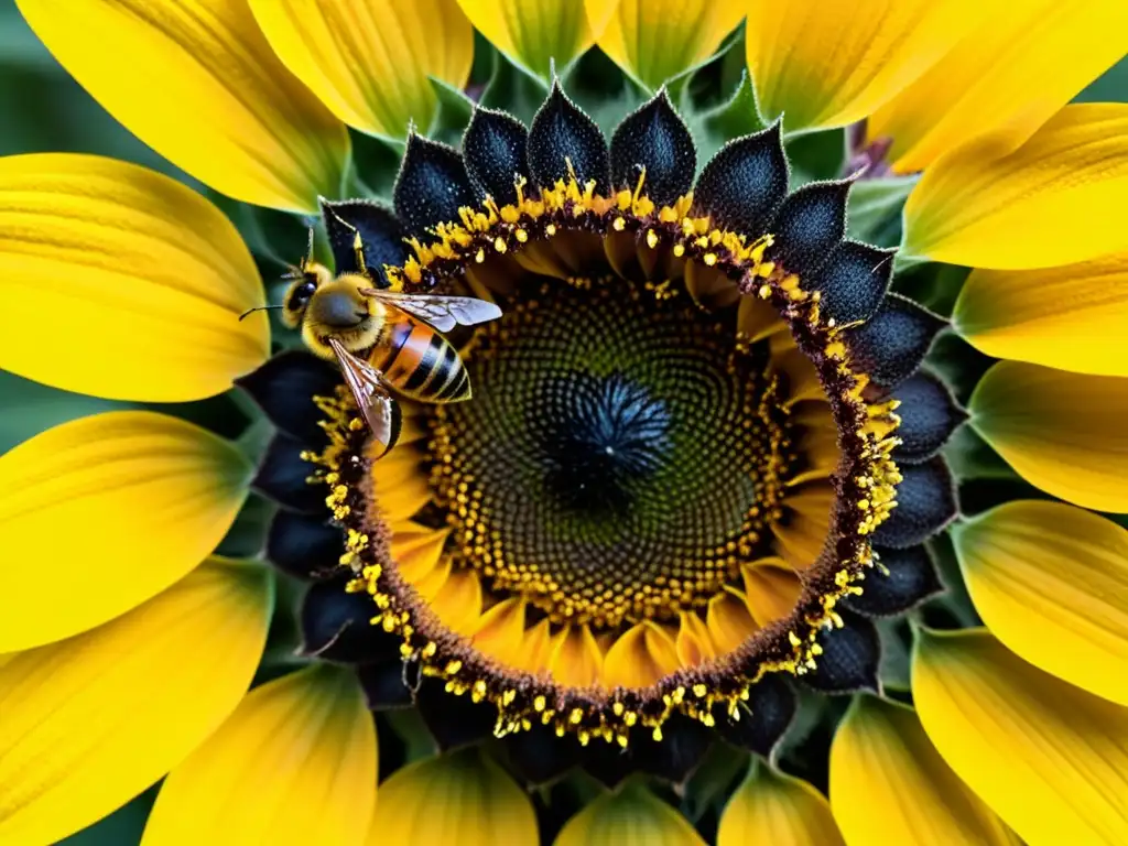 Una abeja solitaria recolectando néctar en un girasol, resaltando la amenaza de los monocultivos a insectos