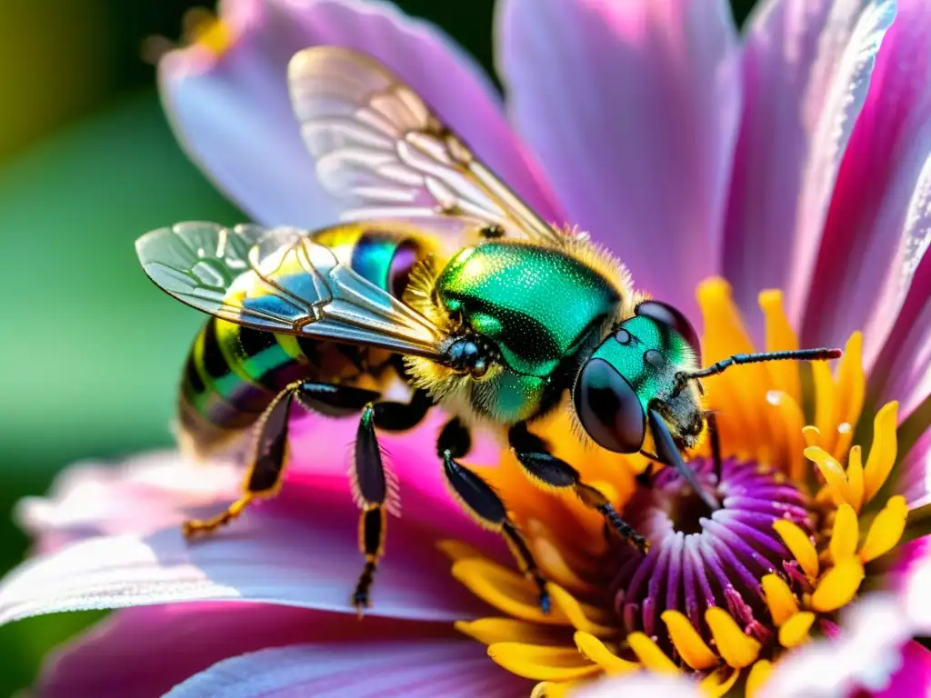 Una abeja sudor metálica verde vibrante en una flor rosa, con alas iridiscentes congeladas en vuelo