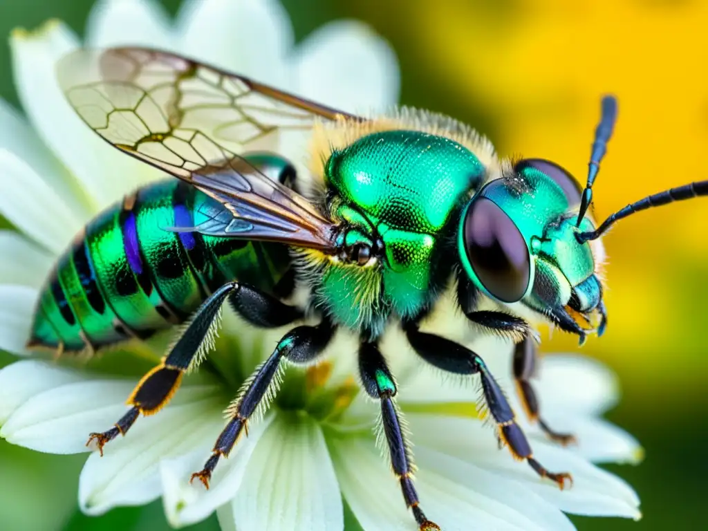 Una abeja sudor verde metálica descansa en una flor, con sus alas iridiscentes desplegadas