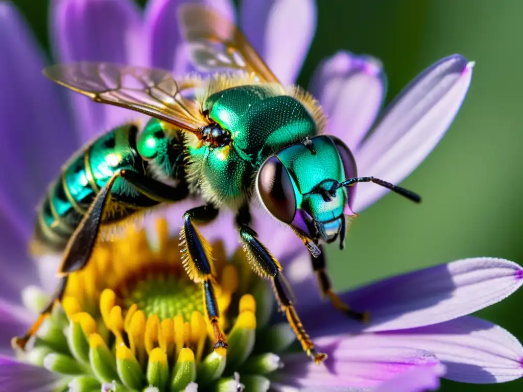 Una abeja sudor verde metálico descansa sobre una flor morada, sus alas iridiscentes brillan bajo la luz del sol