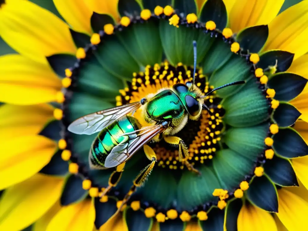 Una abeja del sudor metálica verde vibrante recolectando polen de un girasol amarillo brillante