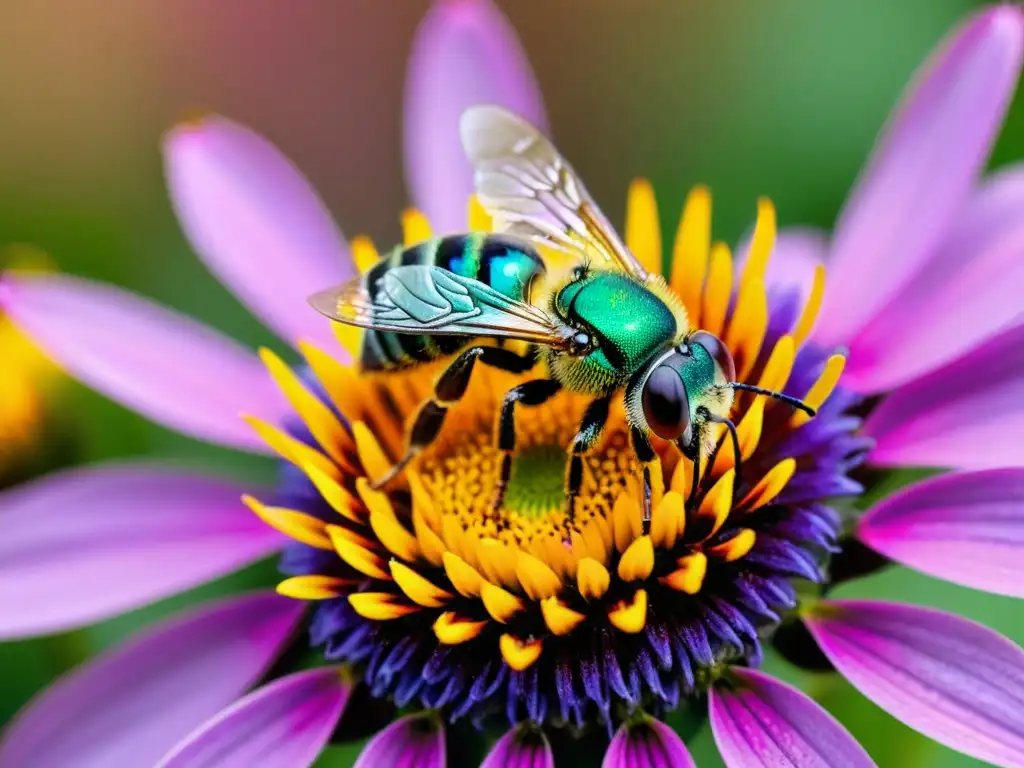 Una abeja sudorosa metálica verde brillante descansa en una flor morada vibrante, mostrando la simbiosis entre insectos y plantas