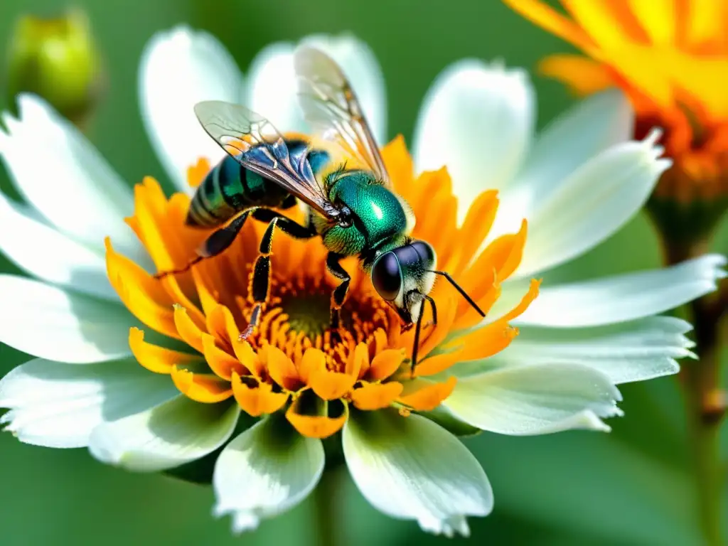 Una abeja sudorosa metálica verde vibrante recolectando néctar de una flor naranja brillante, en un jardín exuberante