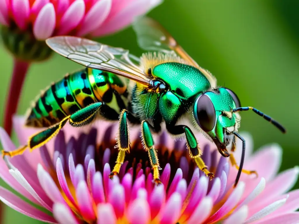 Una abeja sudorosa metálica verde vibrante en una flor rosa, mostrando detalles intrincados y reflejando su entorno floral