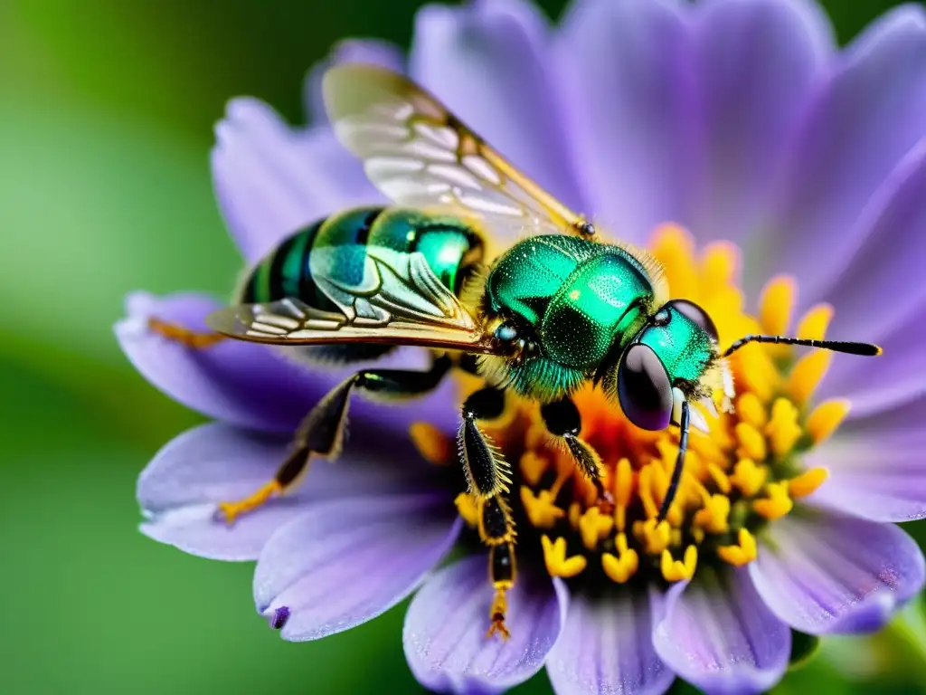 Una abeja sudorosa metálica verde vibrante colectando néctar de una delicada flor morada