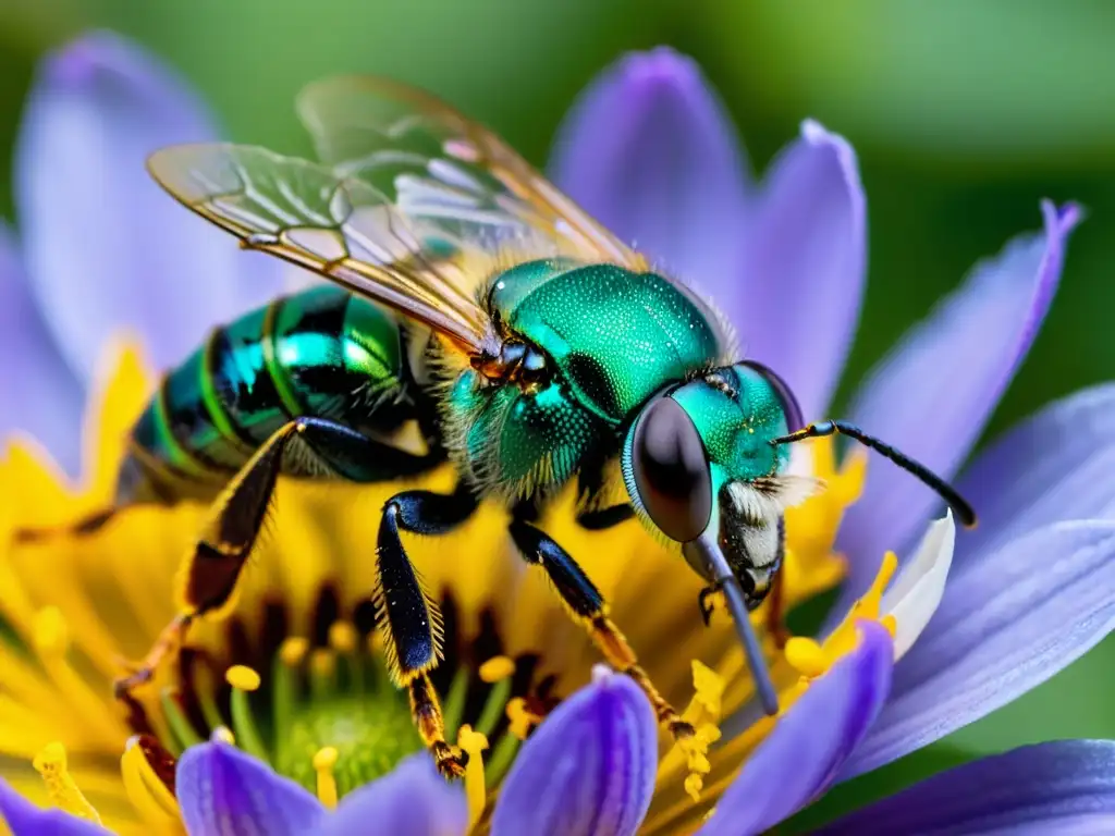 Una abeja sudorosa metálica verde vibrante recolectando néctar de una flor silvestre morada, parte de estrategias de conservación de insectos en peligro