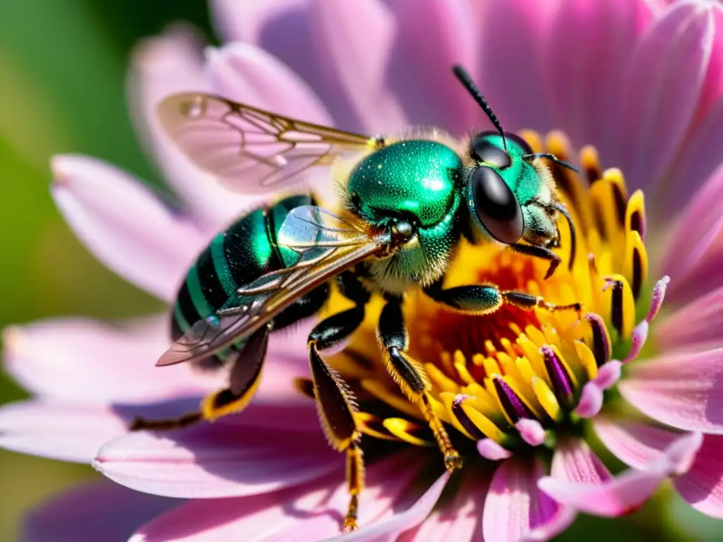 Una abeja sudorosa metálica verde vibrante descansa sobre un pétalo rosa, con alas iridiscentes desplegadas