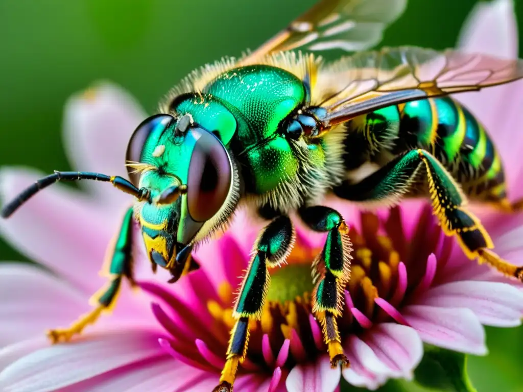 Una abeja sudorosa metálica verde vibrante descansa en un pétalo de flor rosa, con alas translúcidas y detalles iridiscentes