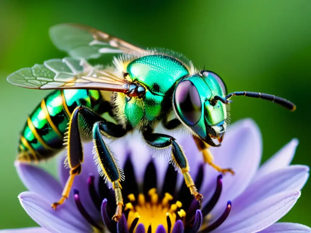 Una abeja sudorosa metálica verde vibrante recolectando néctar en una flor morada, mostrando la importancia de los insectos en la conservación