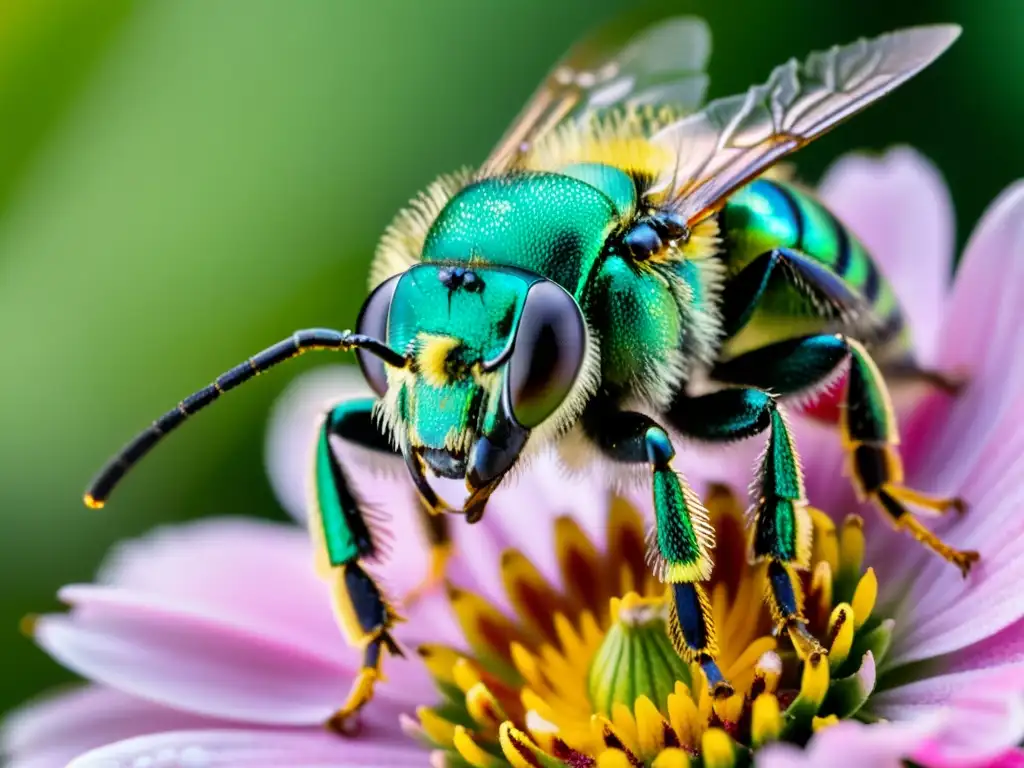 Una abeja sudorosa metálica verde vibrante, cubierta de polen, fecundando una flor rosa