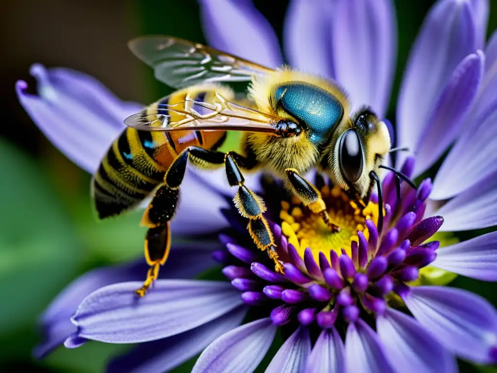 Una abeja trabajadora cubierta de polen, posada en una flor morada vibrante