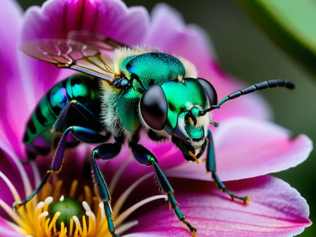 Una abeja orquídea verde vibrante polinizando una flor rosa, con sus alas iridiscentes congeladas en movimiento