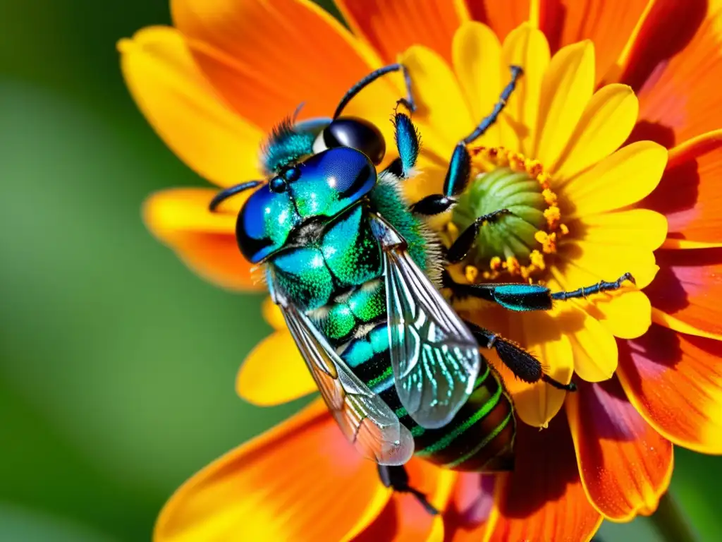 Una abeja orchid vibrante cubierta de polen, con alas iridiscentes, revolotea sobre una flor cosmos naranja