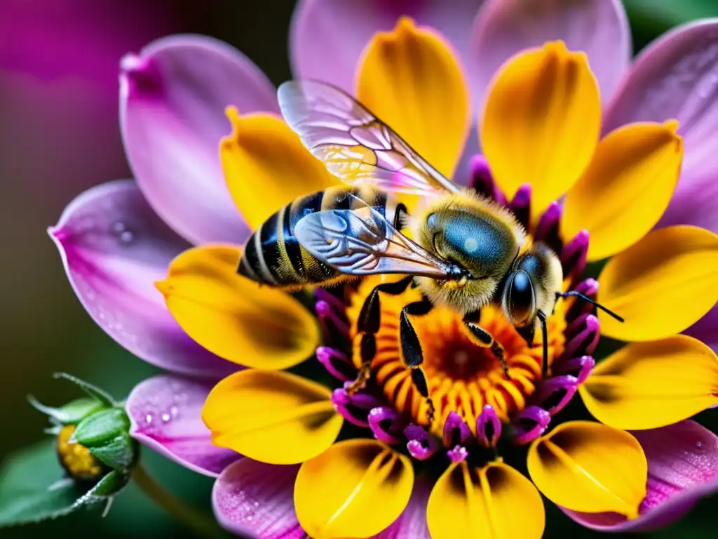 Una abeja en vuelo, detallada y cercana, interpretando el lenguaje de las flores en un jardín vibrante