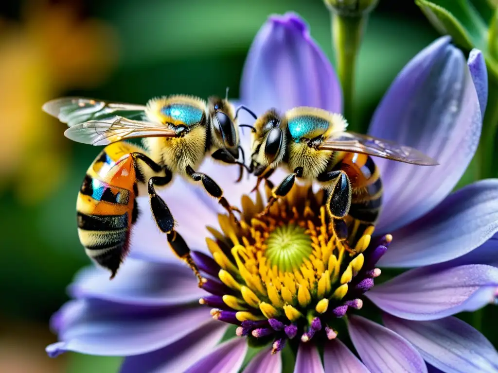 Dos abejas luchan en una flor vibrante, mostrando comportamiento agonístico de insectos en una escena impactante