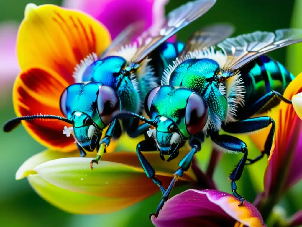 Dos abejas orquídeas realizan una danza de apareamiento sobre flores tropicales, con cuerpos iridiscentes en azul y verde