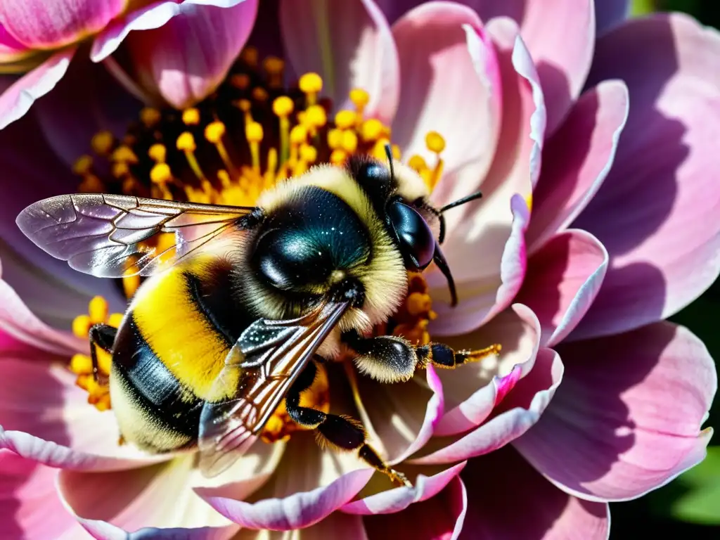 Un abejorro cubierto de polen amarillo sobre una peonía rosa, resaltando la importancia de los abejorros en la polinización agrícola