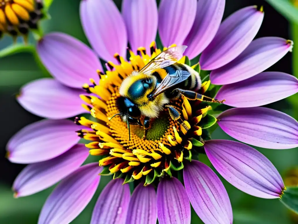 Un abejorro cubierto de polen amarillo sobre una flor morada