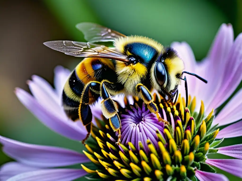 Un abejorro cubierto de polen se posa sobre una flor morada, destacando la belleza y la importancia de los insectos polinizadores en peligro