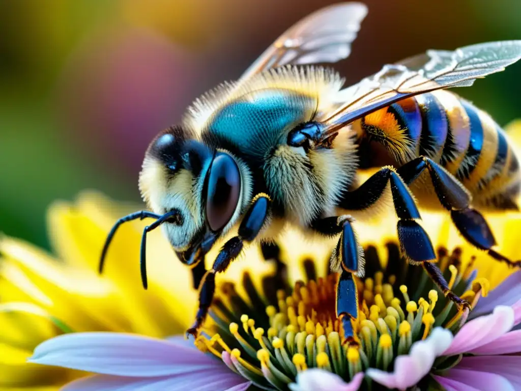 Un abejorro cubierto de polen vibrante en pleno vuelo, junto a pétalos de flores