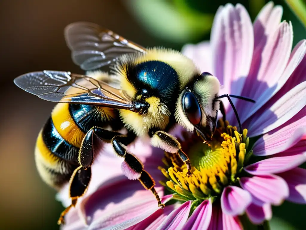 Un abejorro recubierto de polen, con alas delicadas y patas cargadas de polen, se acerca a una flor rosa