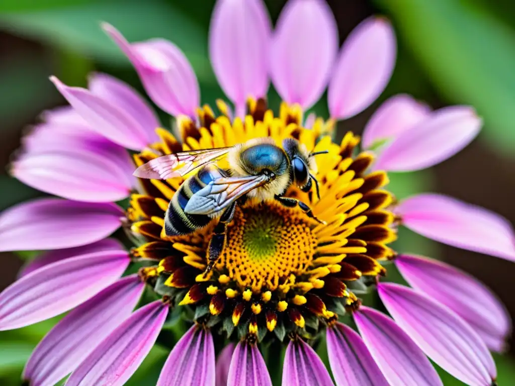 Un abejorro silvestre cubierto de vibrante polen amarillo posado en un equinácea púrpura