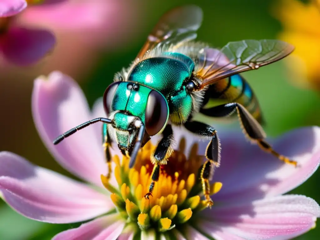 Un abejorro sudoroso metálico verde vibrante recolecta néctar en una flor rosada bajo la luz del sol