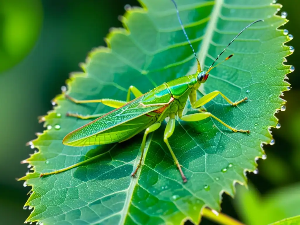 Aficionado entomólogo observa detalladamente la asombrosa belleza de un saltamontes verde en su hábitat natural