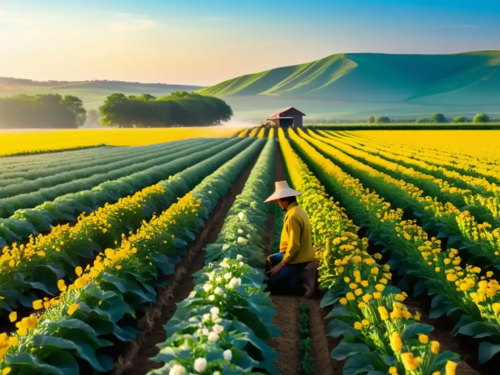 Un agricultor innovador realiza estrategias emergencia polinizadores agricultores en un campo dorado de cultivos florecientes al atardecer