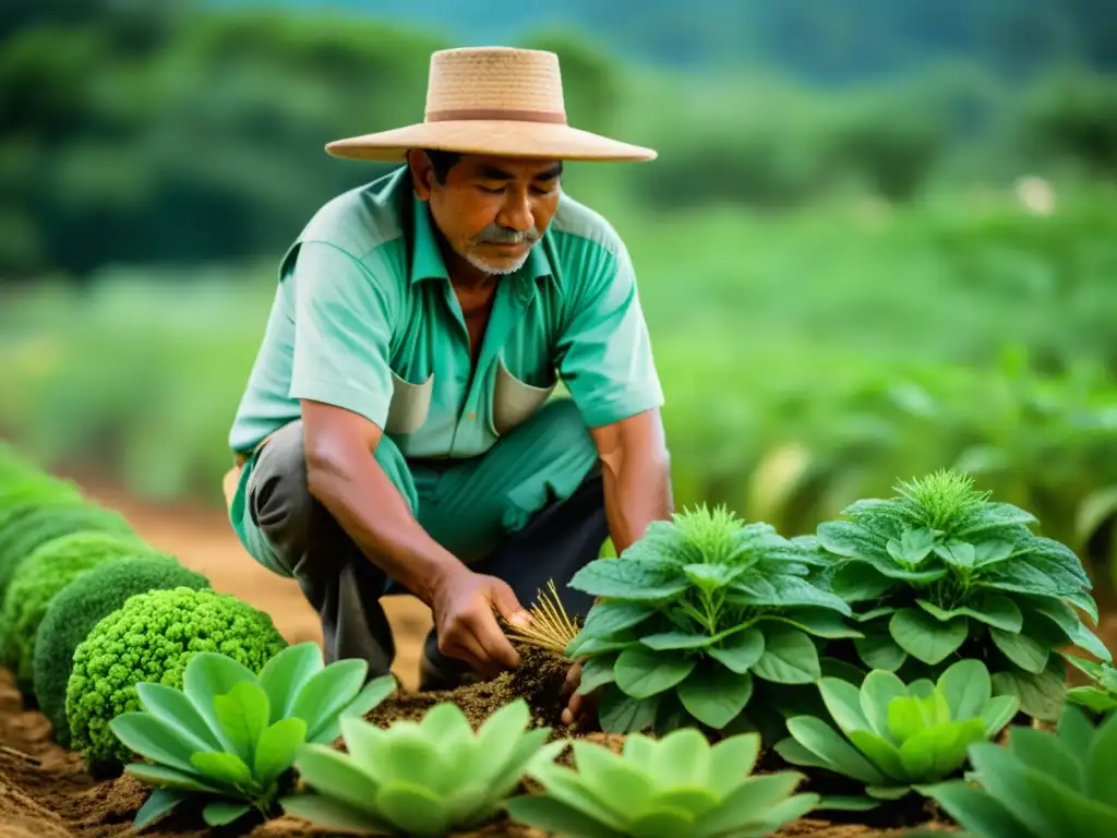 Control de plagas ancestral: Sabiduría maya para proteger cultivos Un agricultor maya utiliza el manejo moderno de plagas con conocimientos tradicionales al colocar hierbas alrededor de sus cultivos