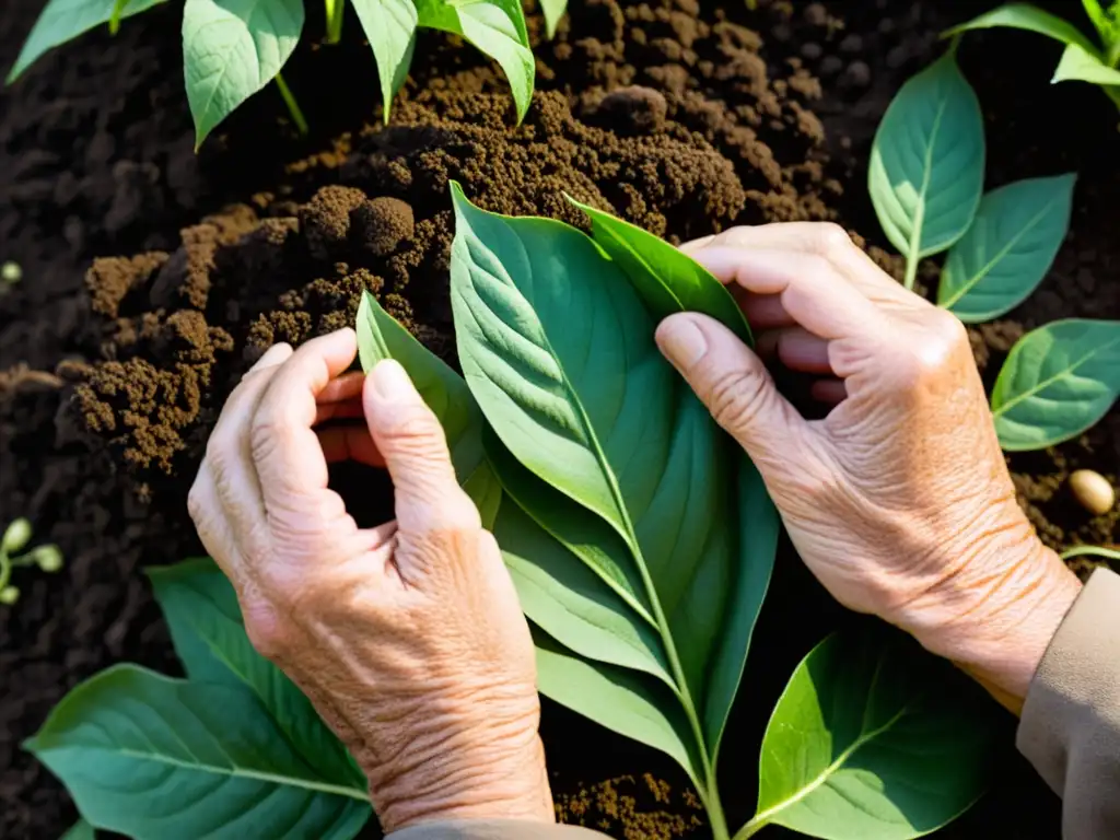 Manos de sabiduría: cuidado natural de cultivos Un agricultor aplica remedios naturales a su cultivo, mostrando la sabiduría ancestral en el manejo moderno de plagas con conocimientos tradicionales