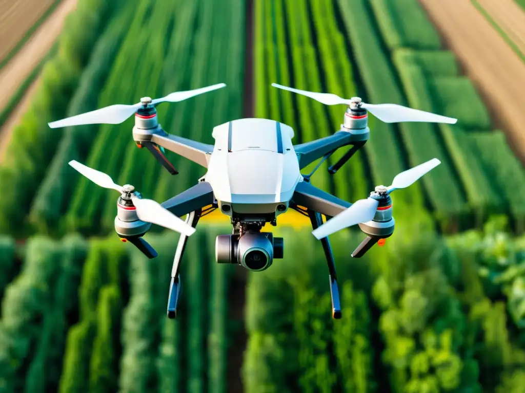 Agricultura de precisión con drones: Drone capturando detalles de cultivos en campo verde exuberante