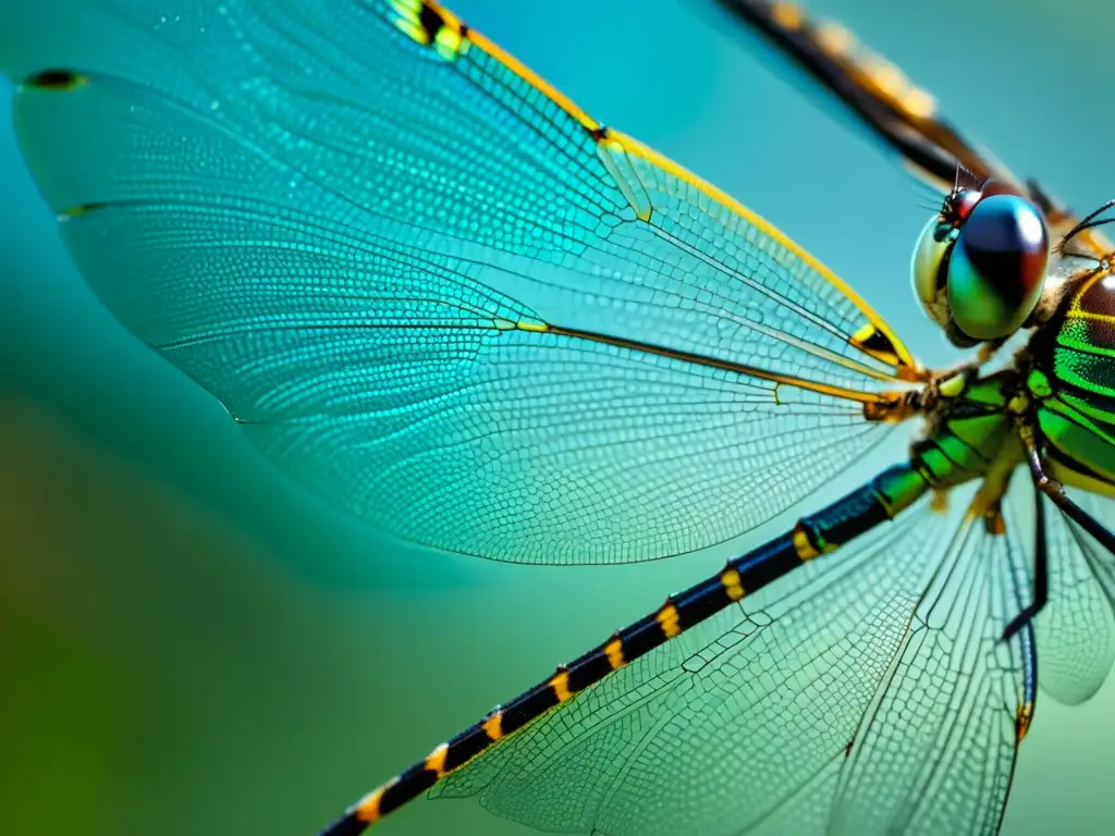 Alas iridiscentes de libélula capturando la sensibilidad al viento en insectos voladores, con detalles hipnóticos a contraluz