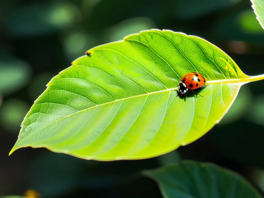 Alianzas defensa plantas insectos: Insectos coloridos interactúan en una hoja verde vibrante, mientras la luz del sol crea un juego de sombras