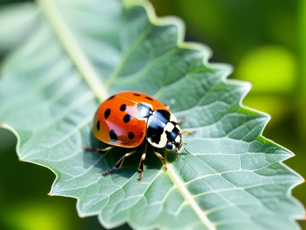 Alianzas entre defensa de plantas e insectos: la delicada mariquita reposa sobre la hoja, en una escena cálida y simbiótica