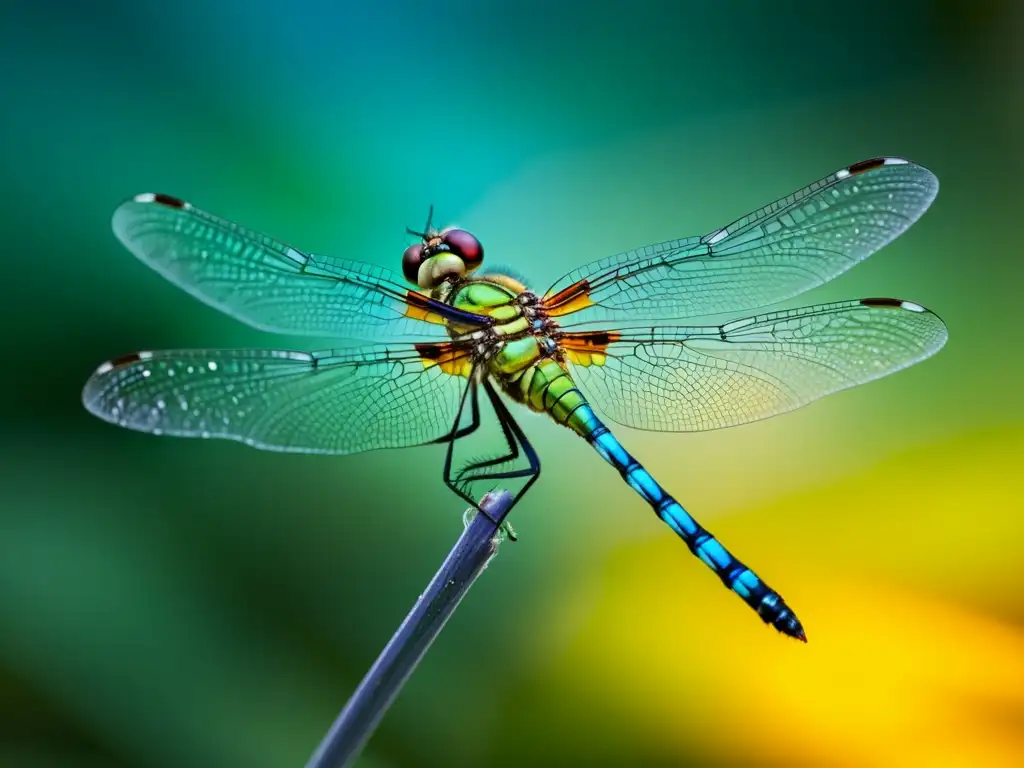 Fotografía de alta velocidad de insectos: Una asombrosa imagen de una libélula con sus alas iridiscentes extendidas, suspendida en el aire