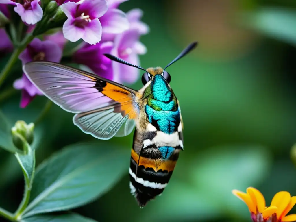 Fotografía de alta velocidad de insectos: Detalle de un esfíngido colibrí en vuelo junto a flores vibrantes