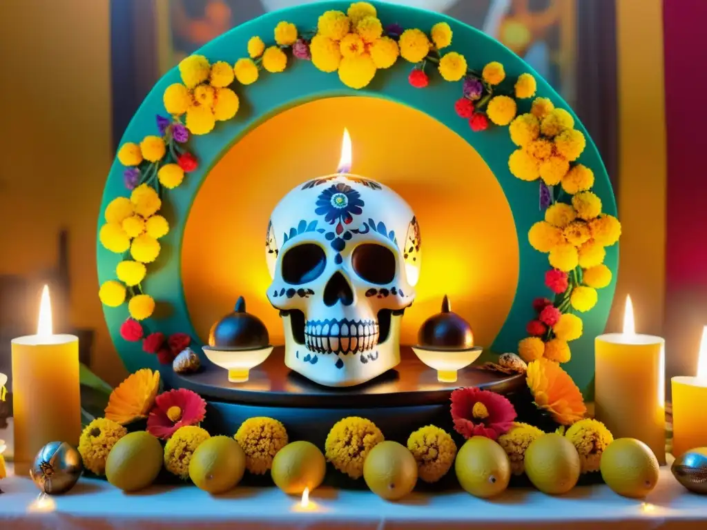 Un altar mexicano tradicional con insectos como ofrendas, iluminado por velas