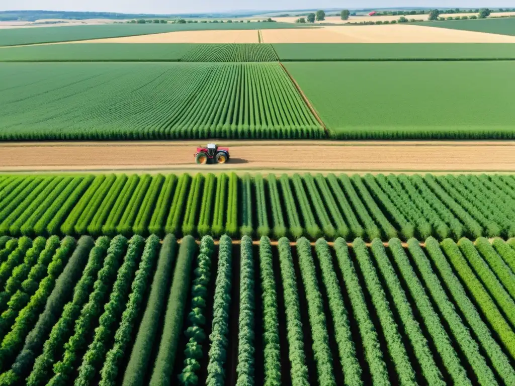 Amplia y soleada plantación con técnicas de Manejo Integrado de Plagas Sostenible, mostrando cultivos saludables y prósperos