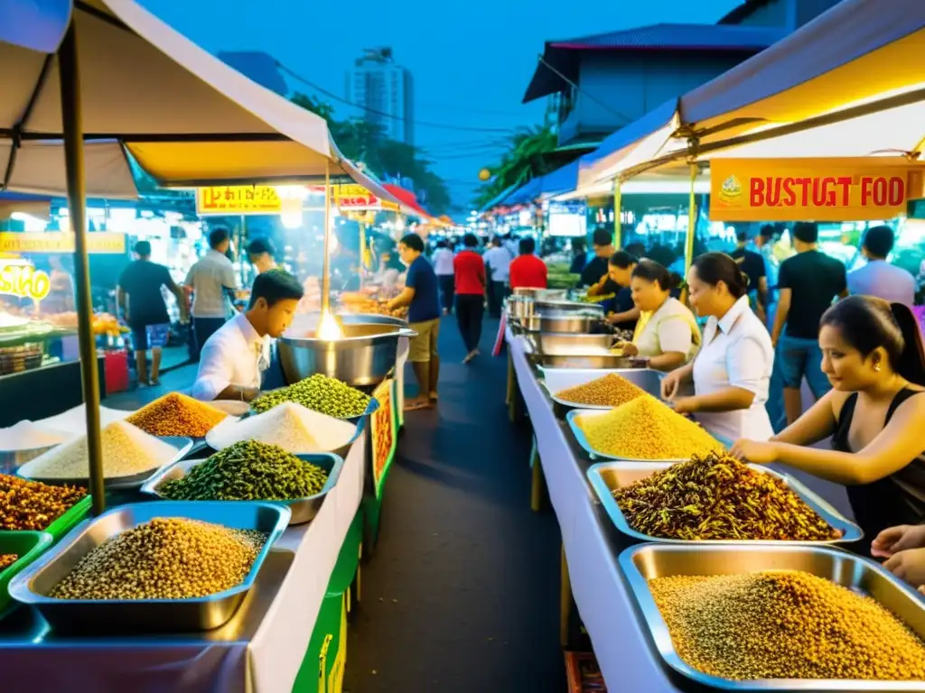 Animado mercado callejero de comida en Bangkok, Tailandia, con puestos coloridos y comida de insectos