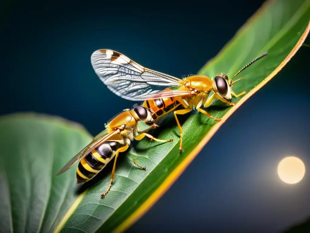 Apareamiento de insectos nocturnos: Detalle íntimo de insectos en ritual nocturno, iluminados por la suave luz de la luna en hojas oscuras