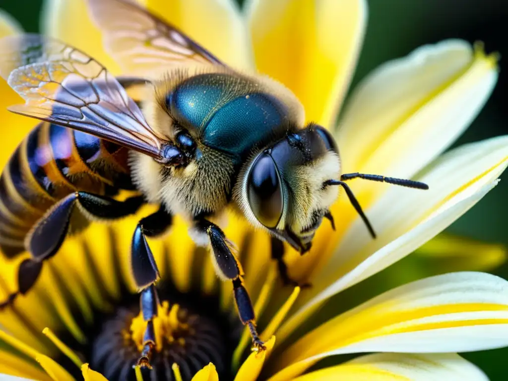 Una apasionante escena de polinización, donde una abeja se cubre de polen mientras realiza su labor en una flor