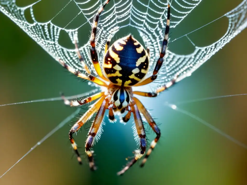 Una araña grande captura un insecto en su telaraña, resaltando la importancia de la predación de arácnidos e insectos