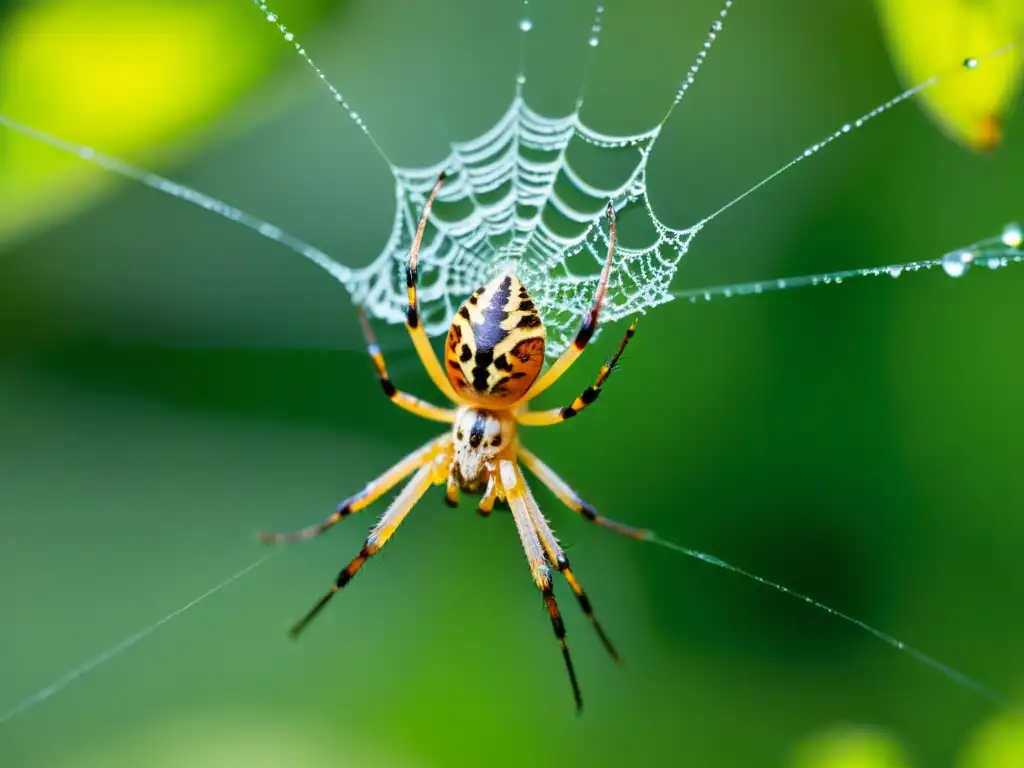 Una araña teje su intrincada tela entre hojas verdes, bajo el sol de la mañana