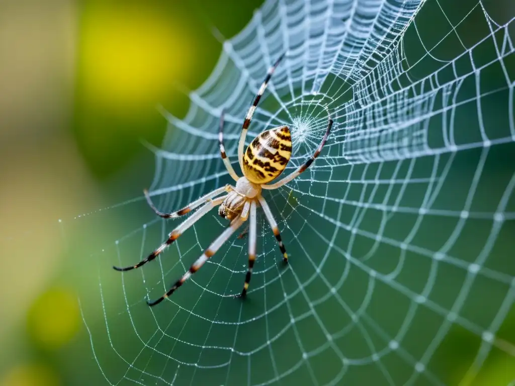 Aracnido al acecho: detalle ultrarrealista de una araña y su letal tela Una araña espera pacientemente en su intrincada red, mostrando las estrategias de caza de arañas en detalle impresionante