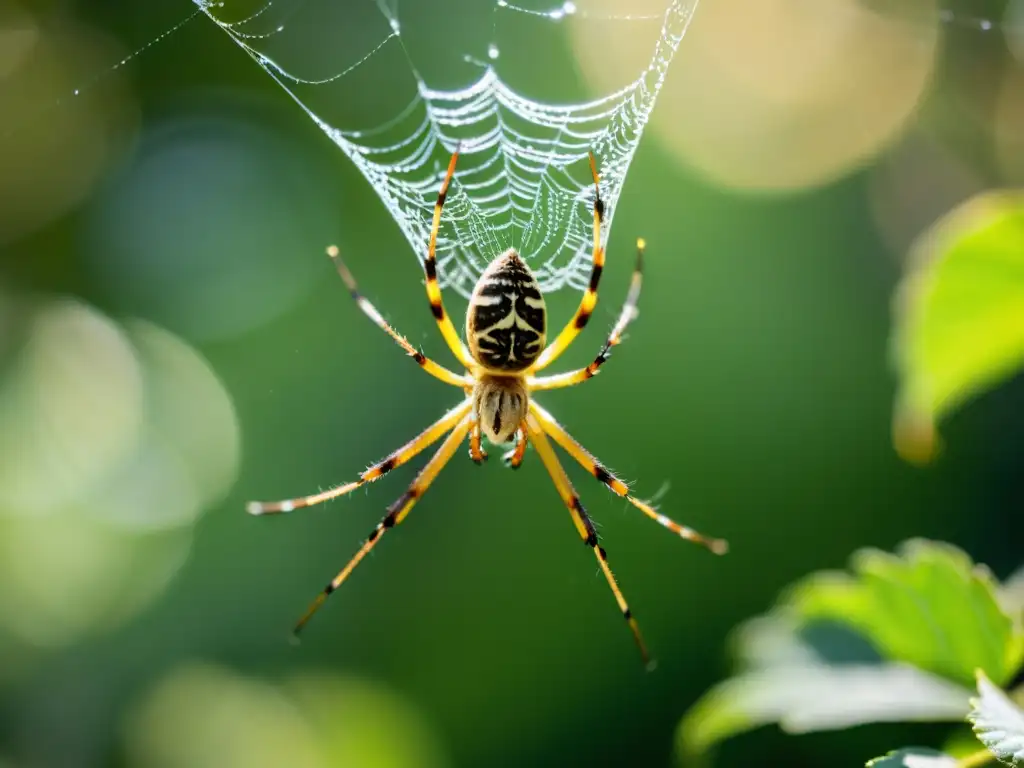 Una araña teje su intrincada red entre hojas verdes, mientras la luz del sol resalta sus detalles