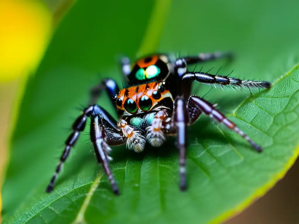 Una araña saltarina detallada en un entorno natural, resaltando la importancia de la predación de arácnidos e insectos en la naturaleza