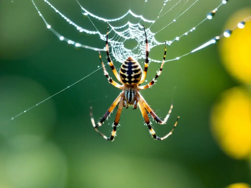 Aracnofobia en acción: araña en su tela con rocío atrapando insecto Una araña en su tela espera estratégicamente a su presa, con gotas de rocío