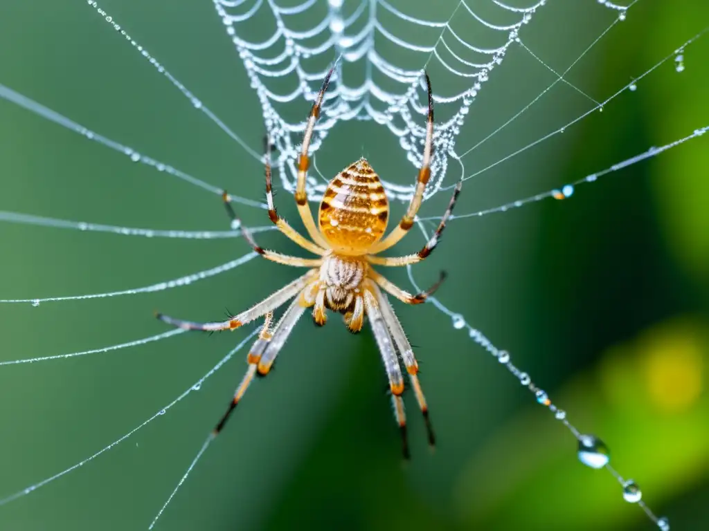 Una araña en su telaraña con gotas de rocío, atrapando un insecto